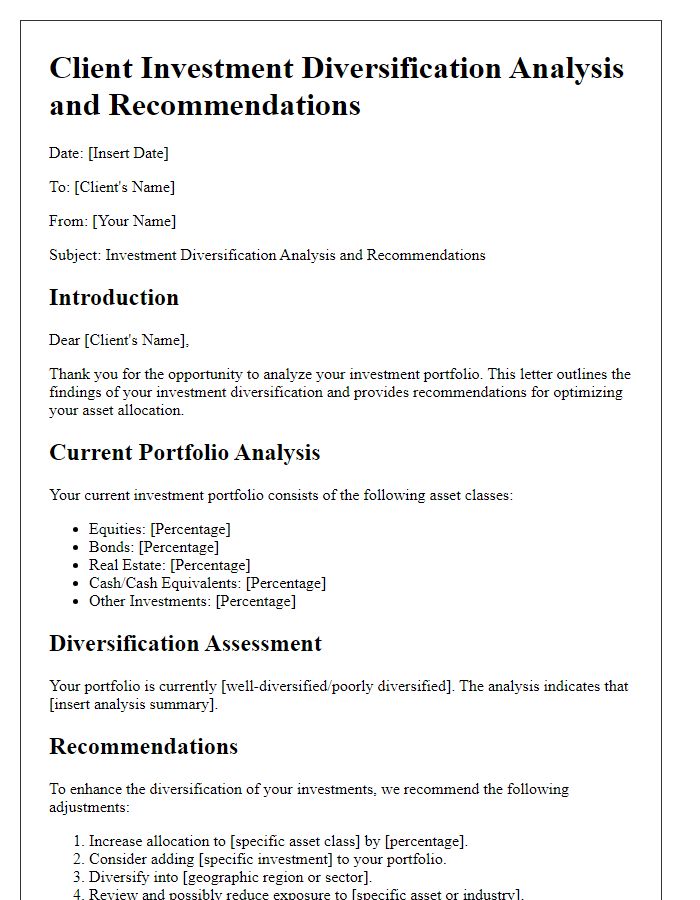 Letter template of client investment diversification analysis and recommendations