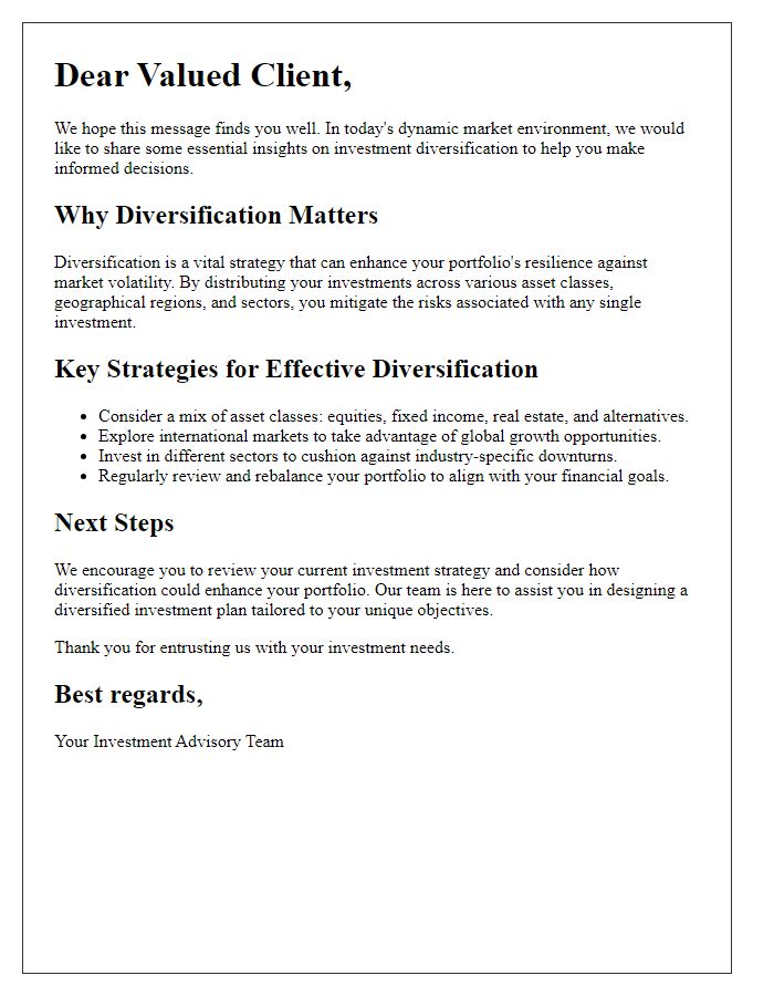 Letter template of essential investment diversification insights for discerning clients