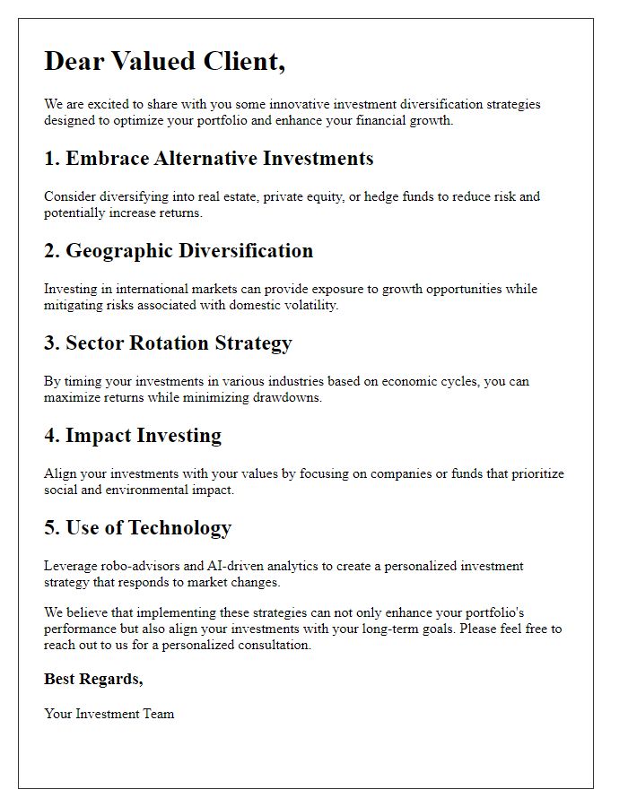 Letter template of innovative investment diversification strategies for our clients