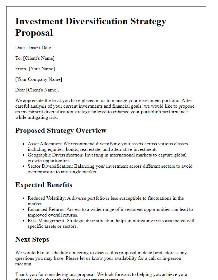 Letter template of investment diversification strategy proposal for clients