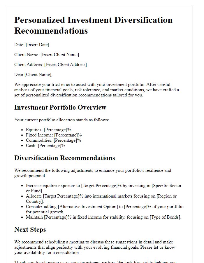 Letter template of personalized investment diversification recommendations for clients