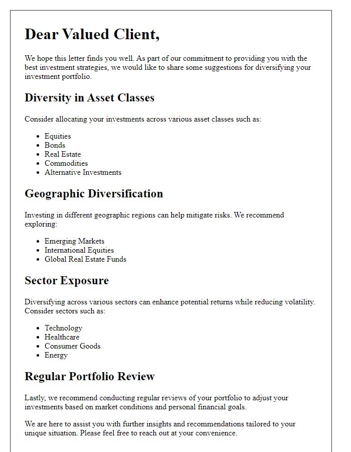 Letter template of strategic investment diversification suggestions for valued clients