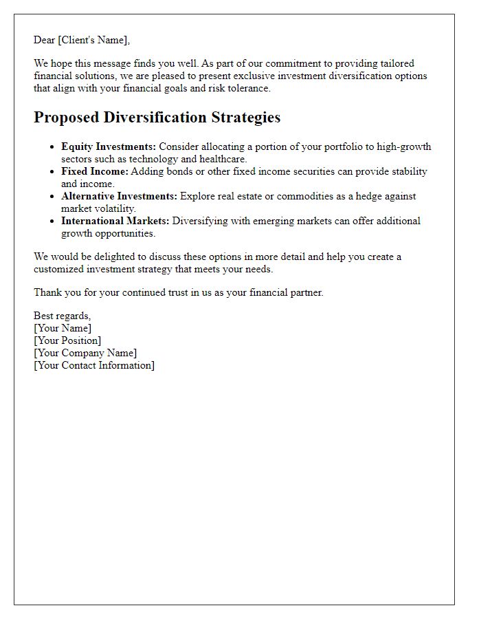 Letter template of tailored investment diversification options for our esteemed clients