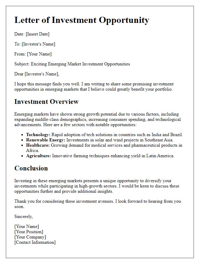 Letter template of emerging market investment opportunities.