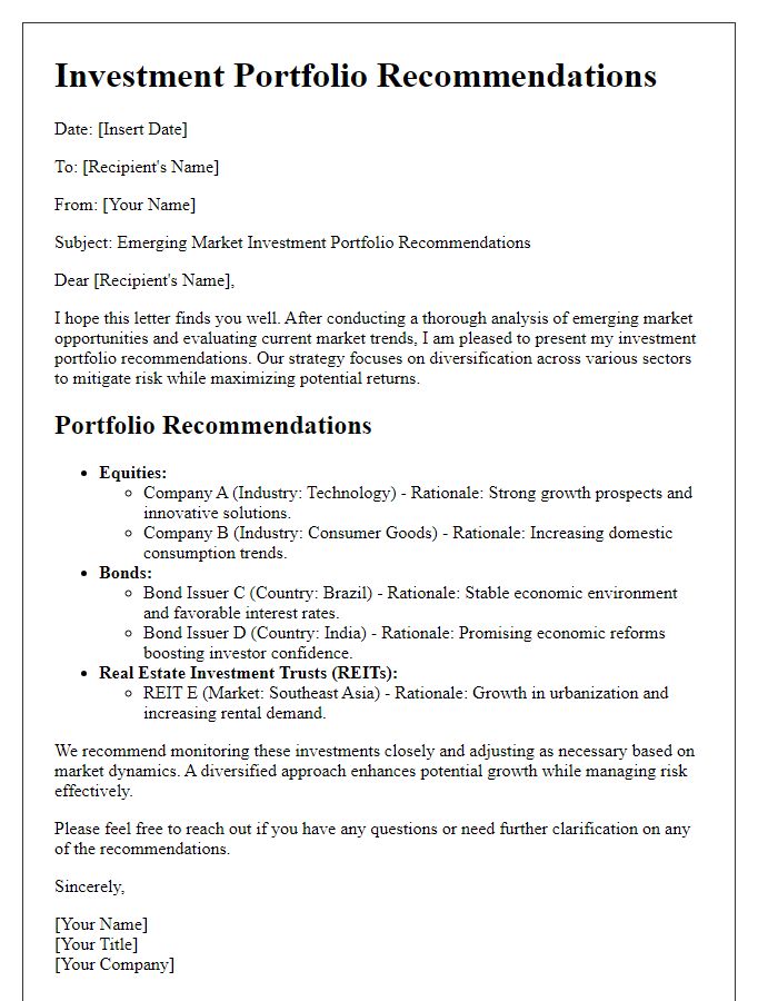 Letter template of emerging market investment portfolio recommendations.