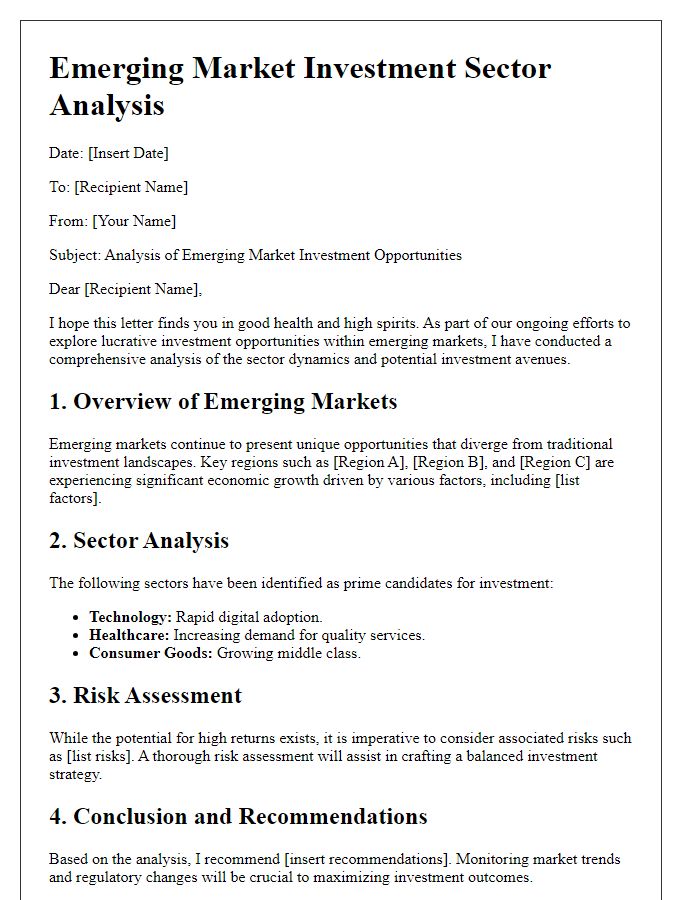 Letter template of emerging market investment sector analysis.