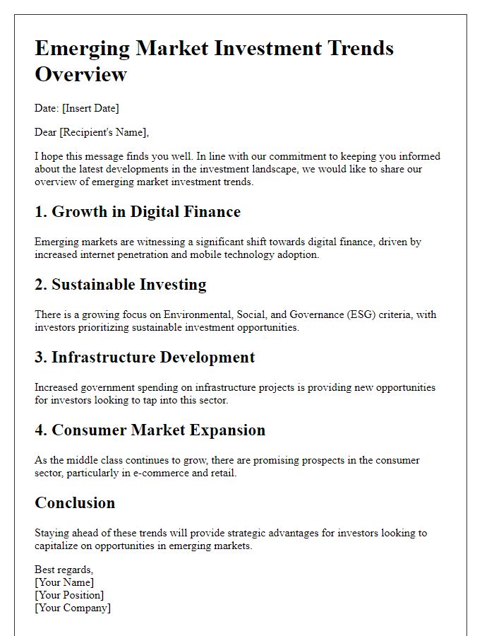 Letter template of emerging market investment trends overview.