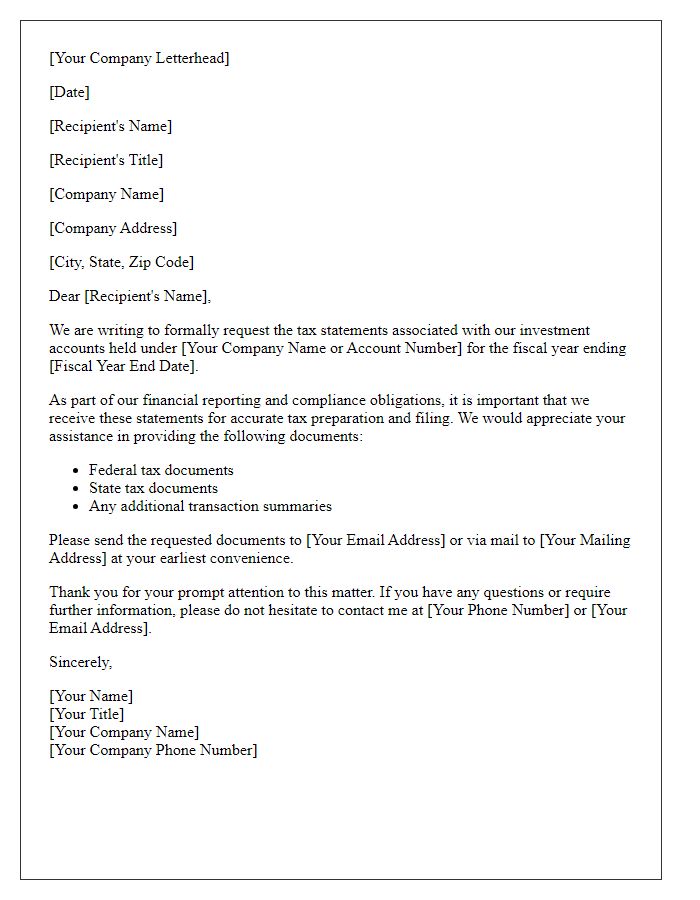 Letter template of investment account tax statement request for corporate accounts.