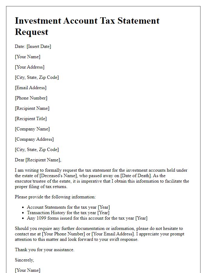 Letter template of investment account tax statement request for estate accounts.