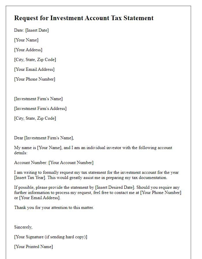 Letter template of investment account tax statement request for individual investors.