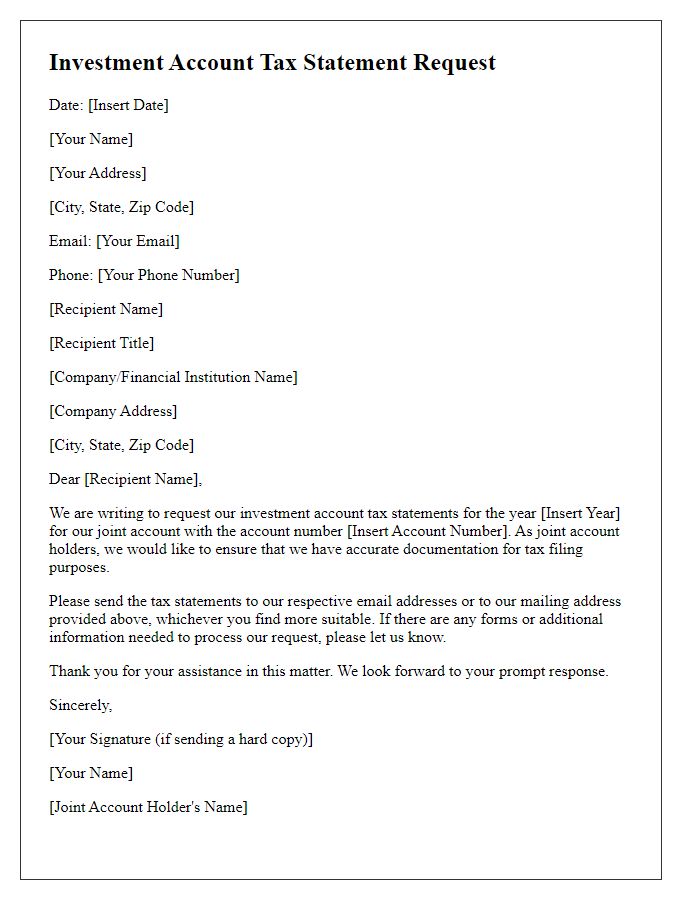 Letter template of investment account tax statement request for joint account holders.