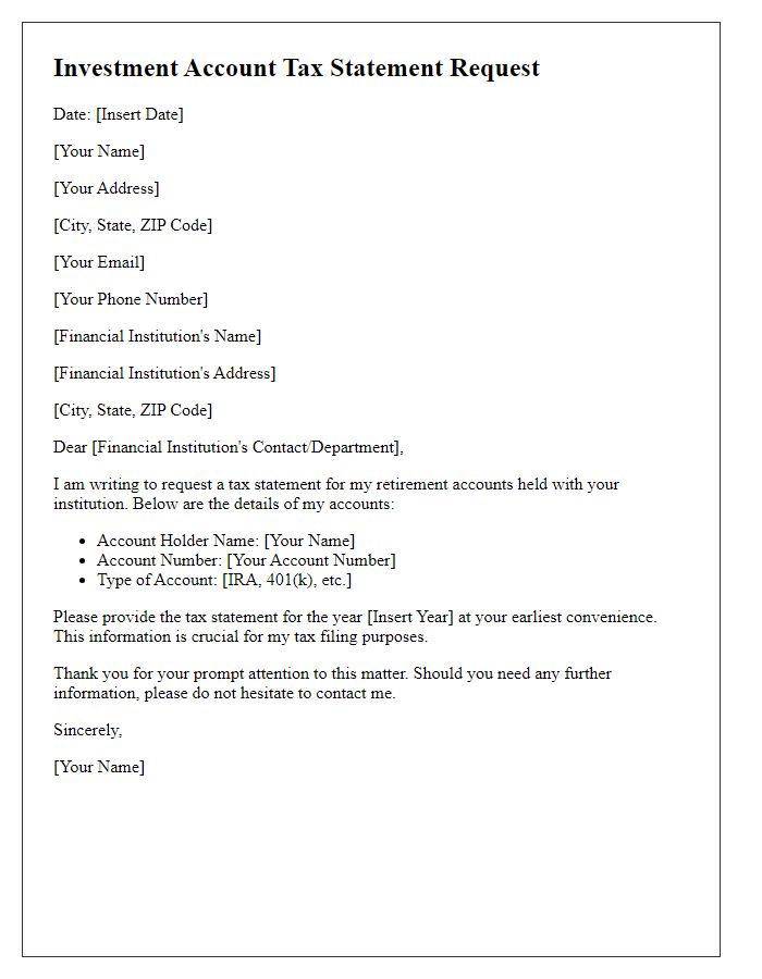 Letter template of investment account tax statement request for retirement accounts.