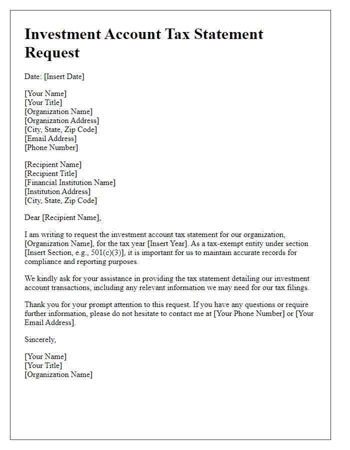 Letter template of investment account tax statement request for tax-exempt entities.