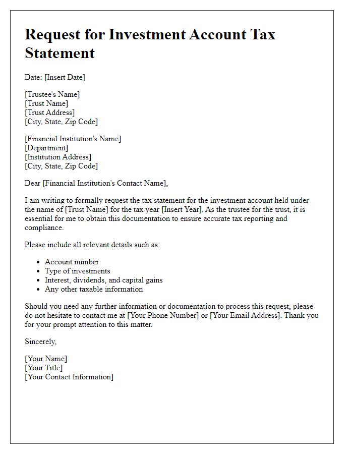 Letter template of investment account tax statement request for trust accounts.