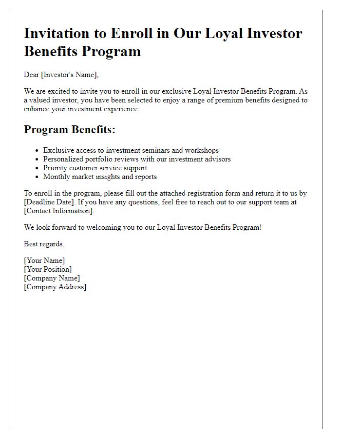 Letter template of enrollment invitation for loyal investor benefits program