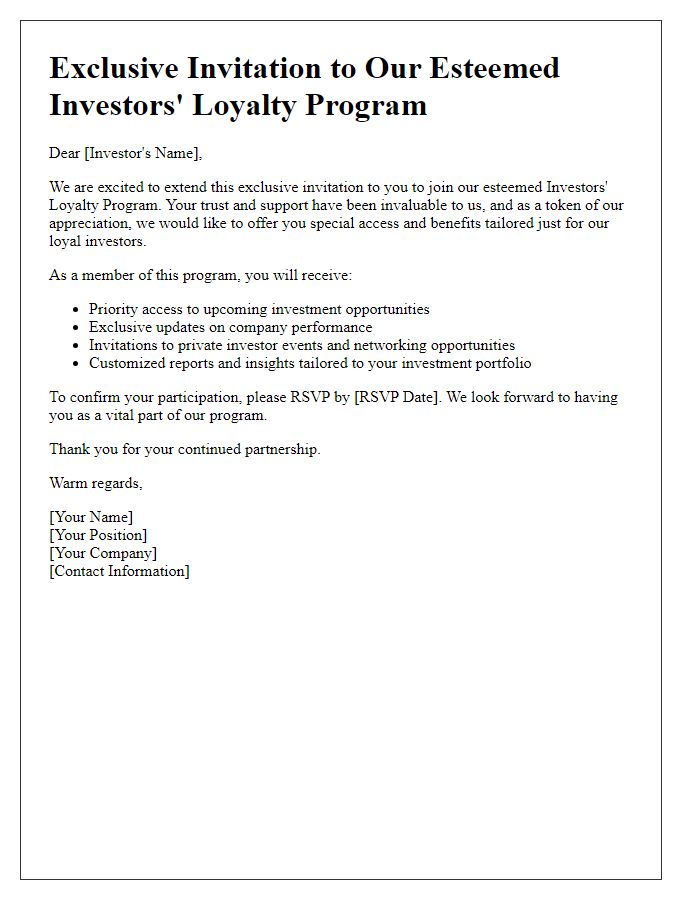 Letter template of exclusive invitation for esteemed investors' loyalty program