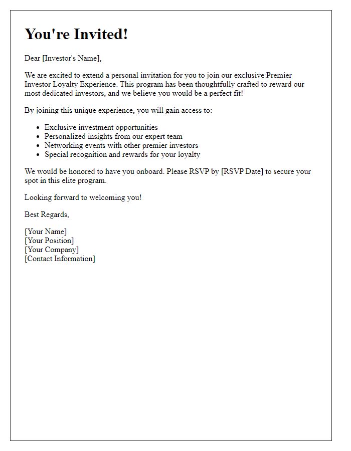 Letter template of invitation to join our premier investor loyalty experience