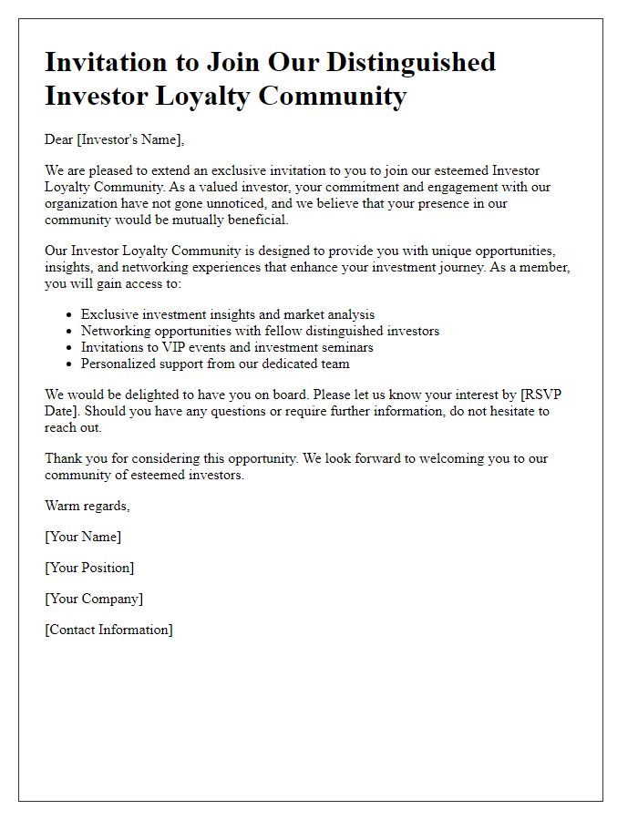 Letter template of opportunity to join our distinguished investor loyalty community