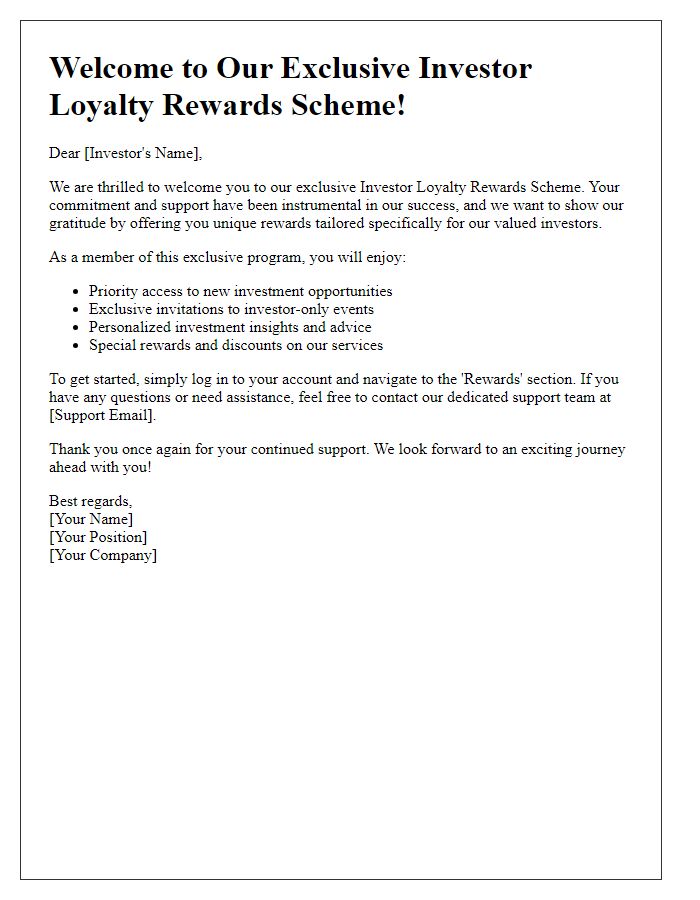 Letter template of welcome to our exclusive investor loyalty rewards scheme