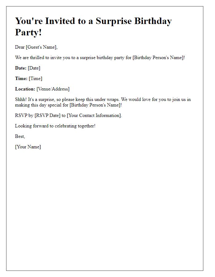 Letter template of a surprise birthday party invitation