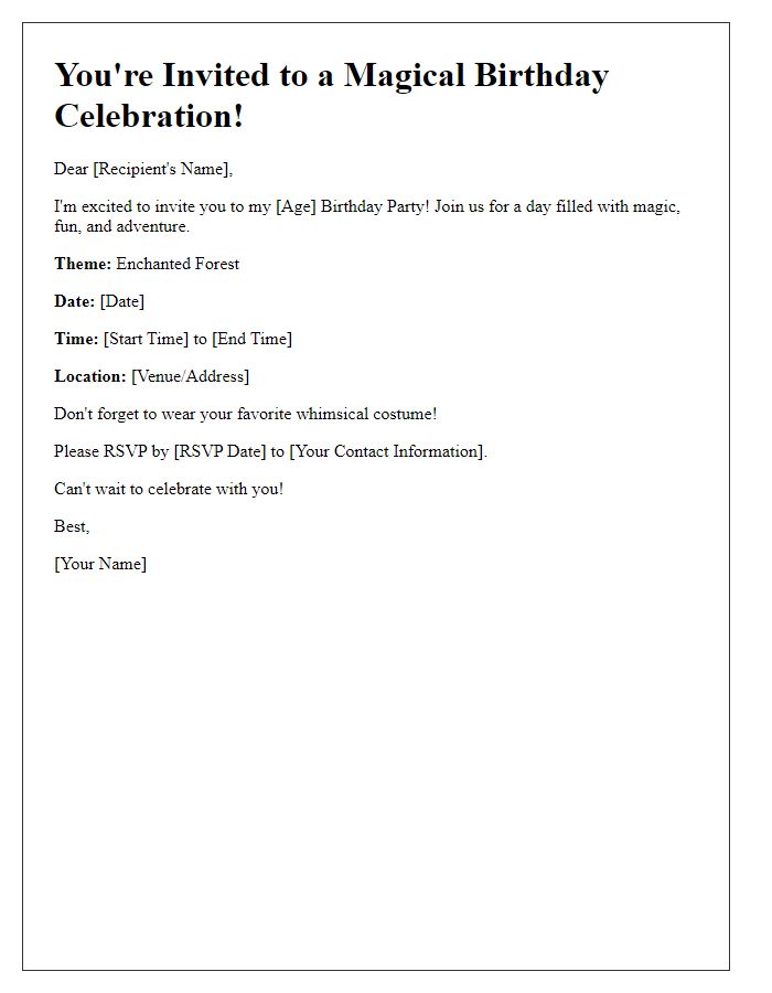 Letter template of a themed birthday party invitation