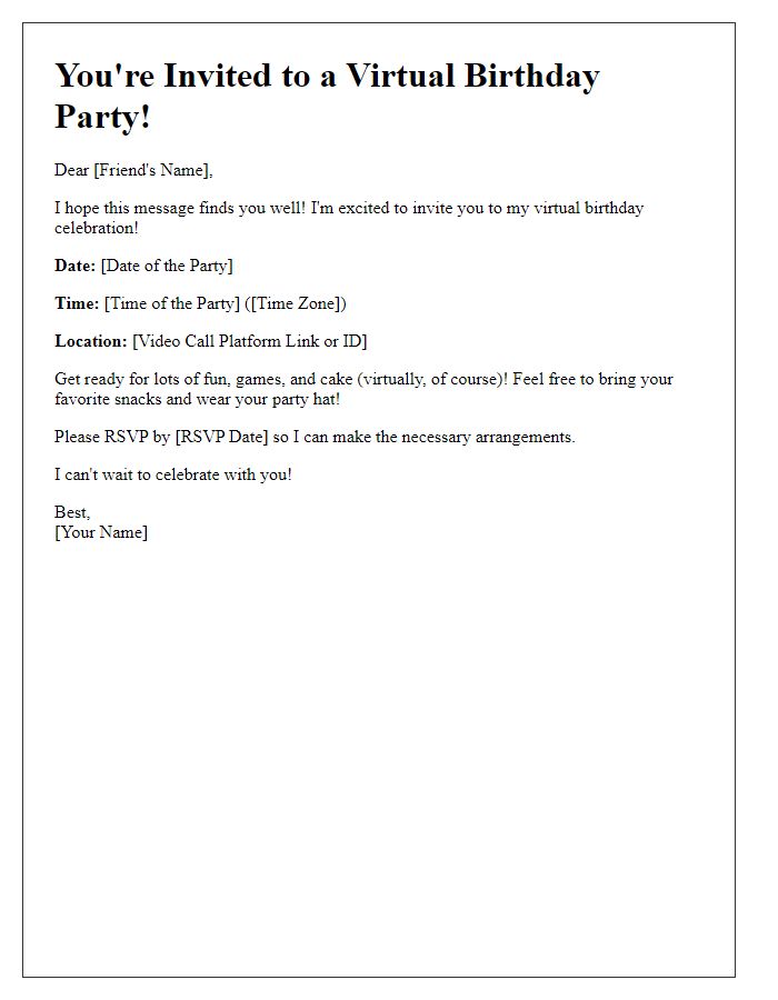 Letter template of a virtual birthday party invitation