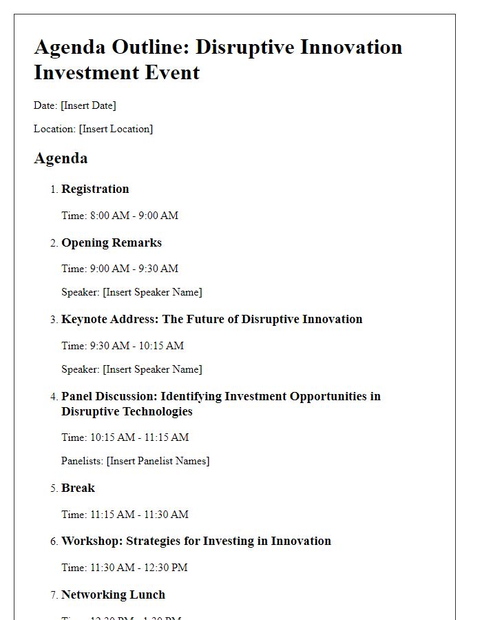 Letter template of agenda outline for disruptive innovation investment event