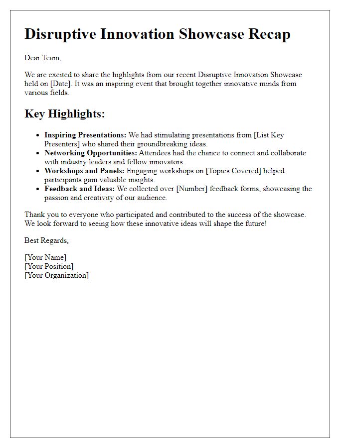 Letter template of highlight recap for disruptive innovation showcase