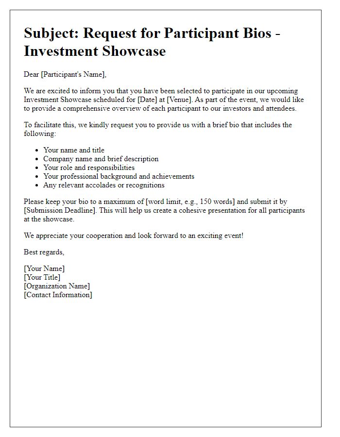 Letter template of participant bios collection for investment showcase