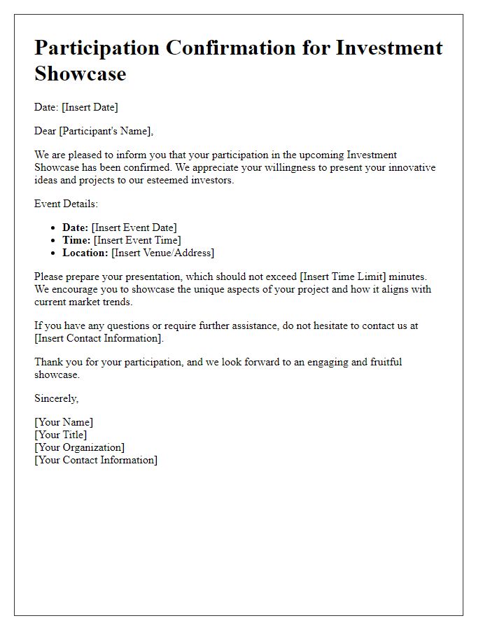 Letter template of participation confirmation for investment showcase