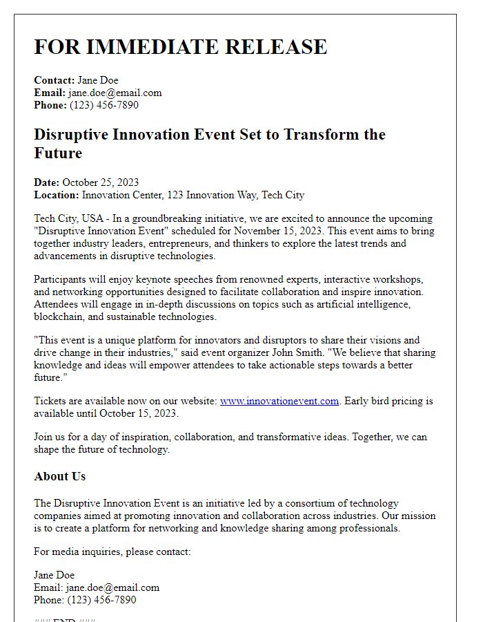 Letter template of press release for disruptive innovation event