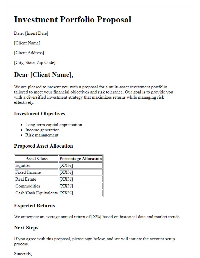 Letter template of multi-asset investment portfolio proposal