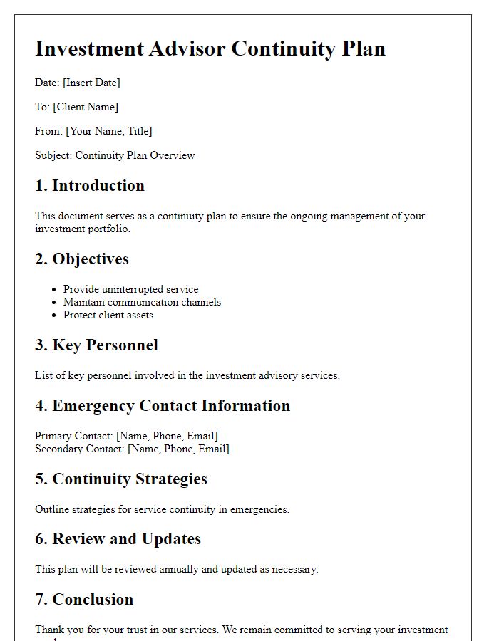 Letter template of investment advisor continuity plan outline