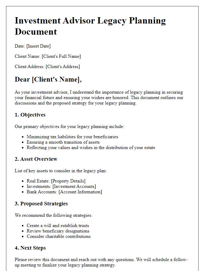 Letter template of investment advisor legacy planning document