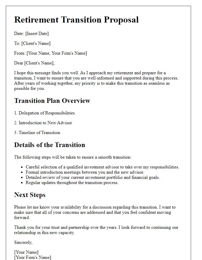 Letter template of investment advisor retirement transition proposal