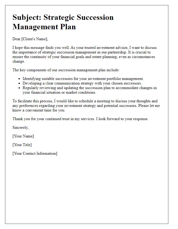 Letter template of investment advisor strategic succession management