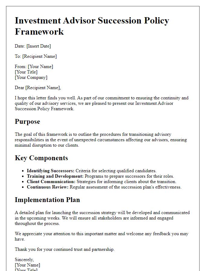 Letter template of investment advisor succession policy framework