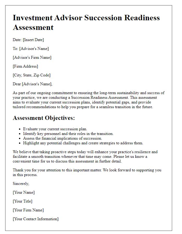 Letter template of investment advisor succession readiness assessment