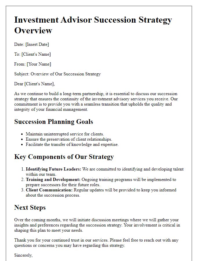 Letter template of investment advisor succession strategy overview