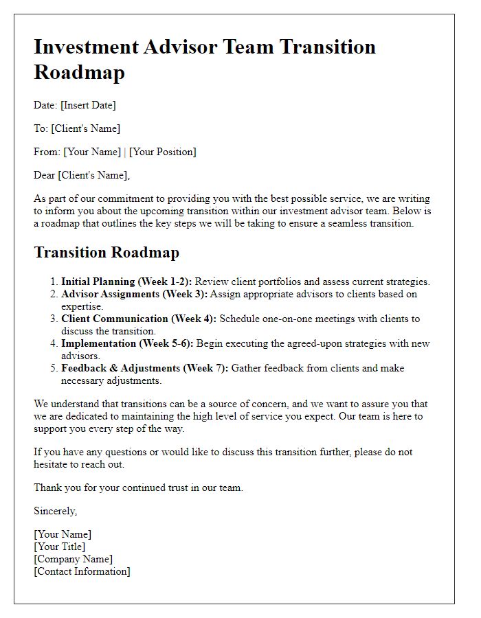 Letter template of investment advisor team transition roadmap