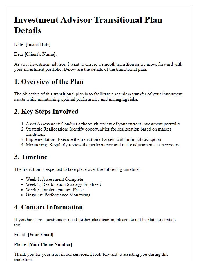 Letter template of investment advisor transitional plan details