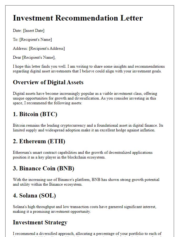 Letter template of digital asset investment recommendations