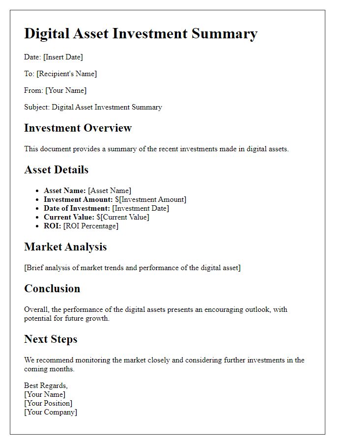 Letter template of digital asset investment summary