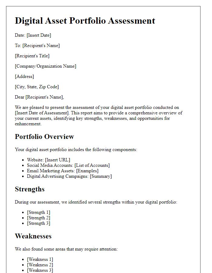 Letter template of digital asset portfolio assessment