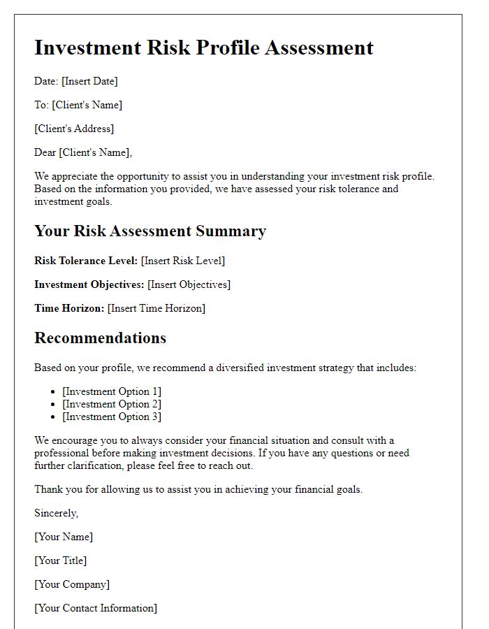 Letter template of investment risk profile assessment