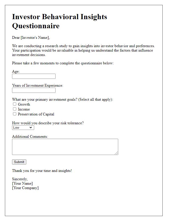 Letter template of investor behavioral insights questionnaire