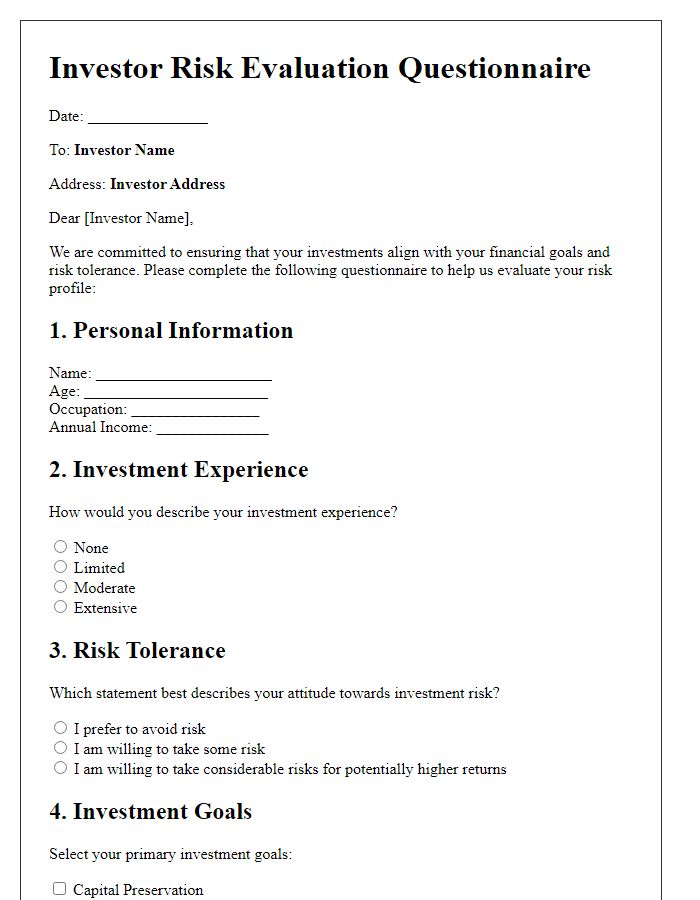 Letter template of investor risk evaluation questionnaire