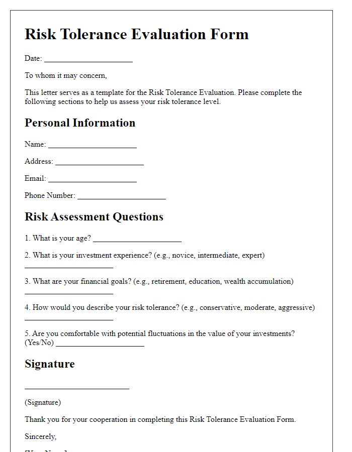 Letter template of risk tolerance evaluation form