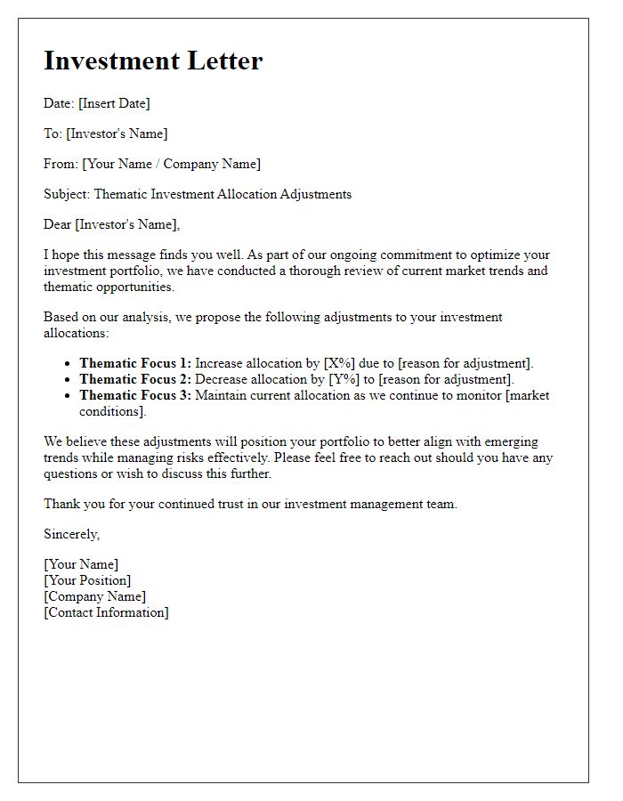 Letter template of thematic investment allocation adjustments