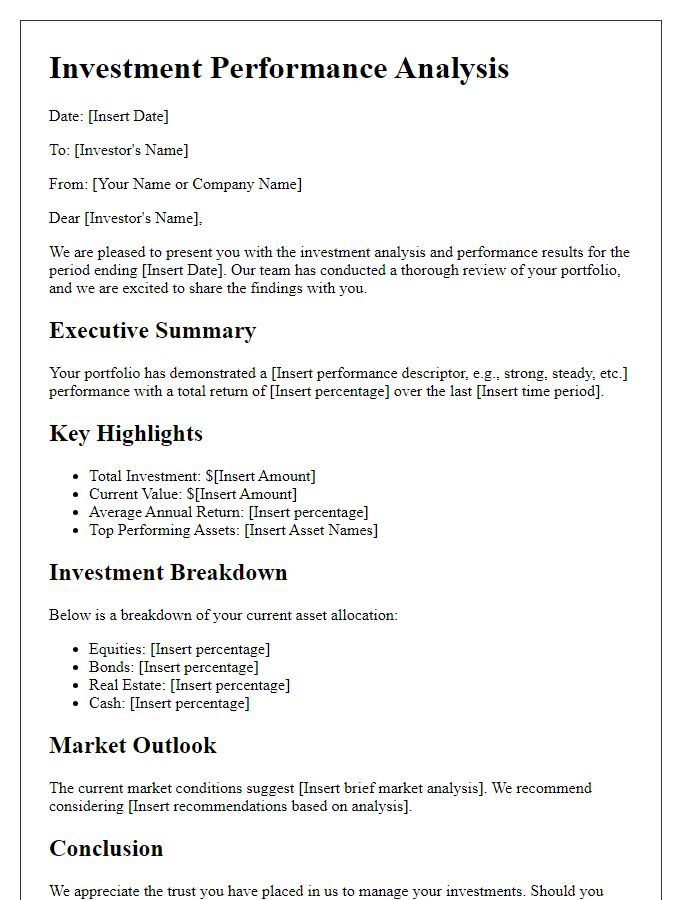 Letter template of investment analysis and performance results